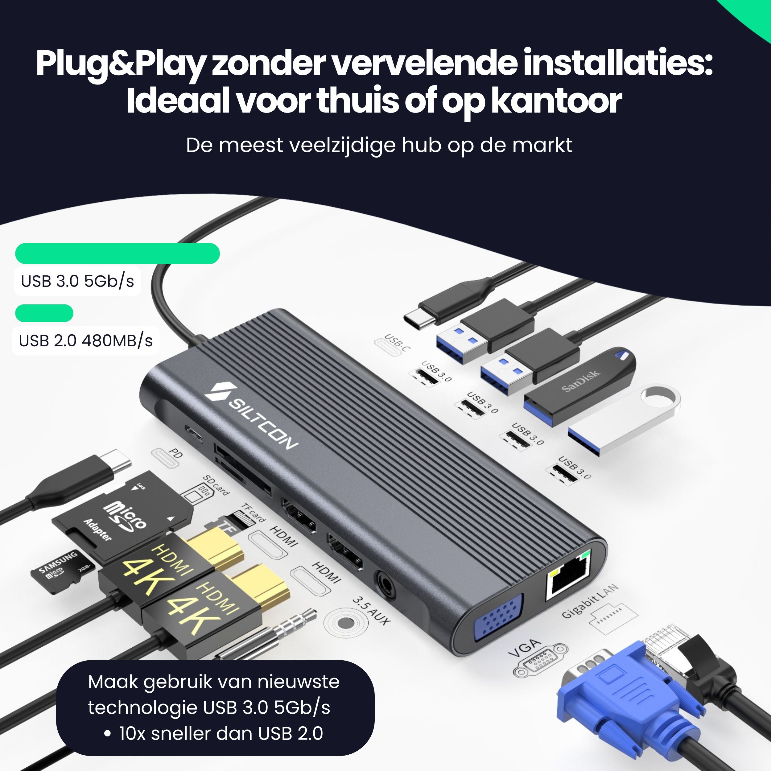 Siltcon® 13 in 1 USB C Hub - Docking Station Laptop + 100W
