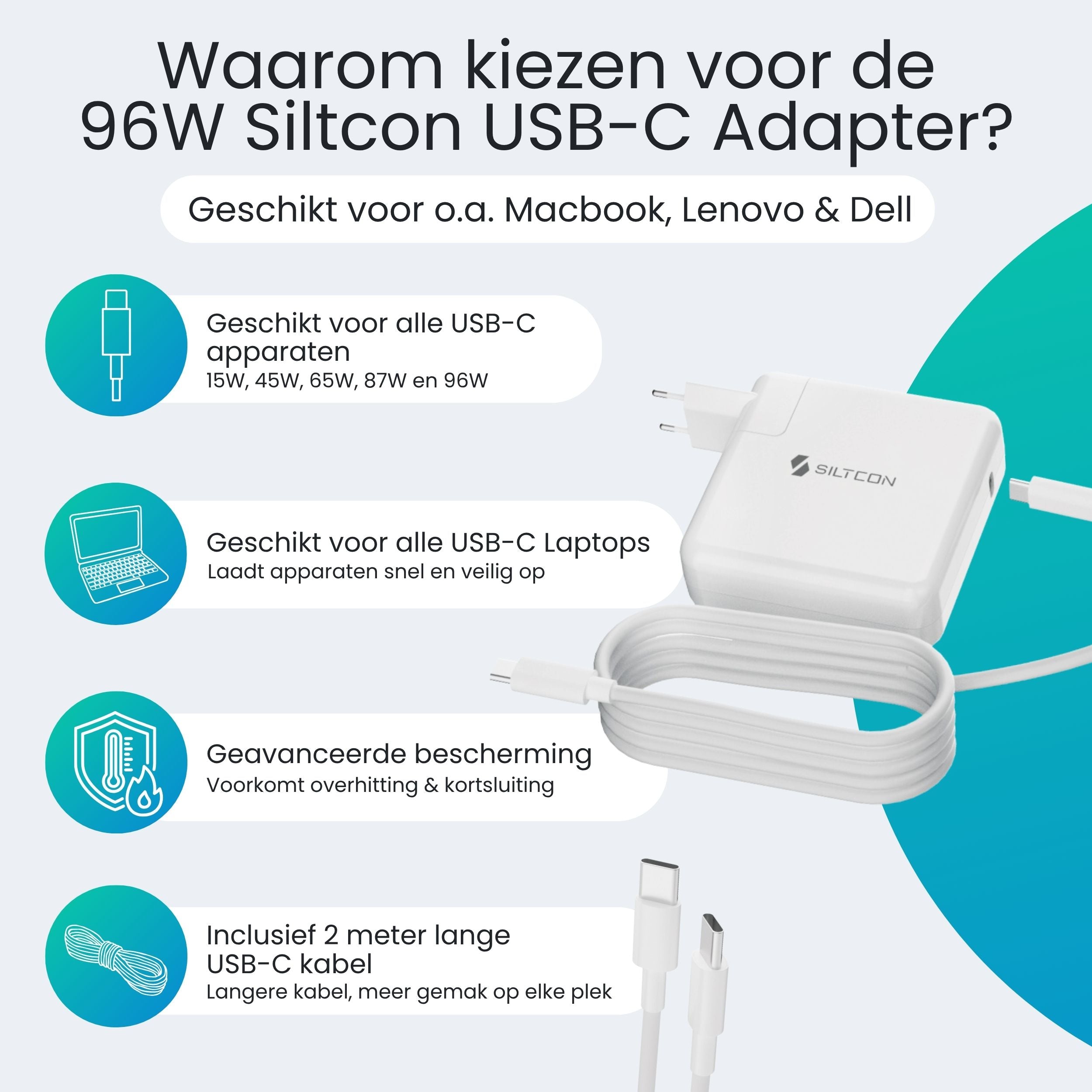 Siltcon USB-C Adapter 96W – Snellader MacBook, iPhone & Laptop - Siltcon