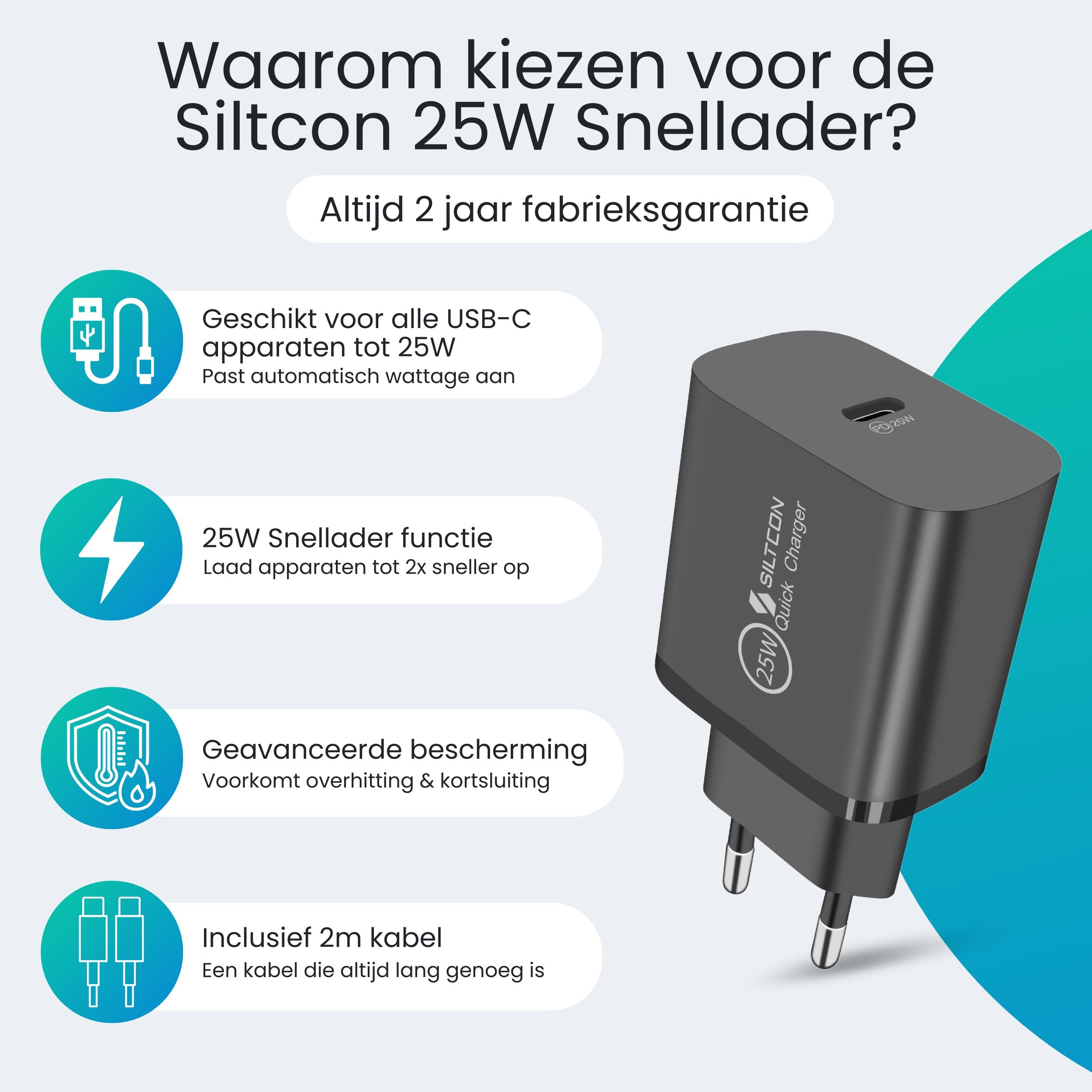 Siltcon 25W USB-C Snellader – Compact & Supersnel Opladen - Siltcon