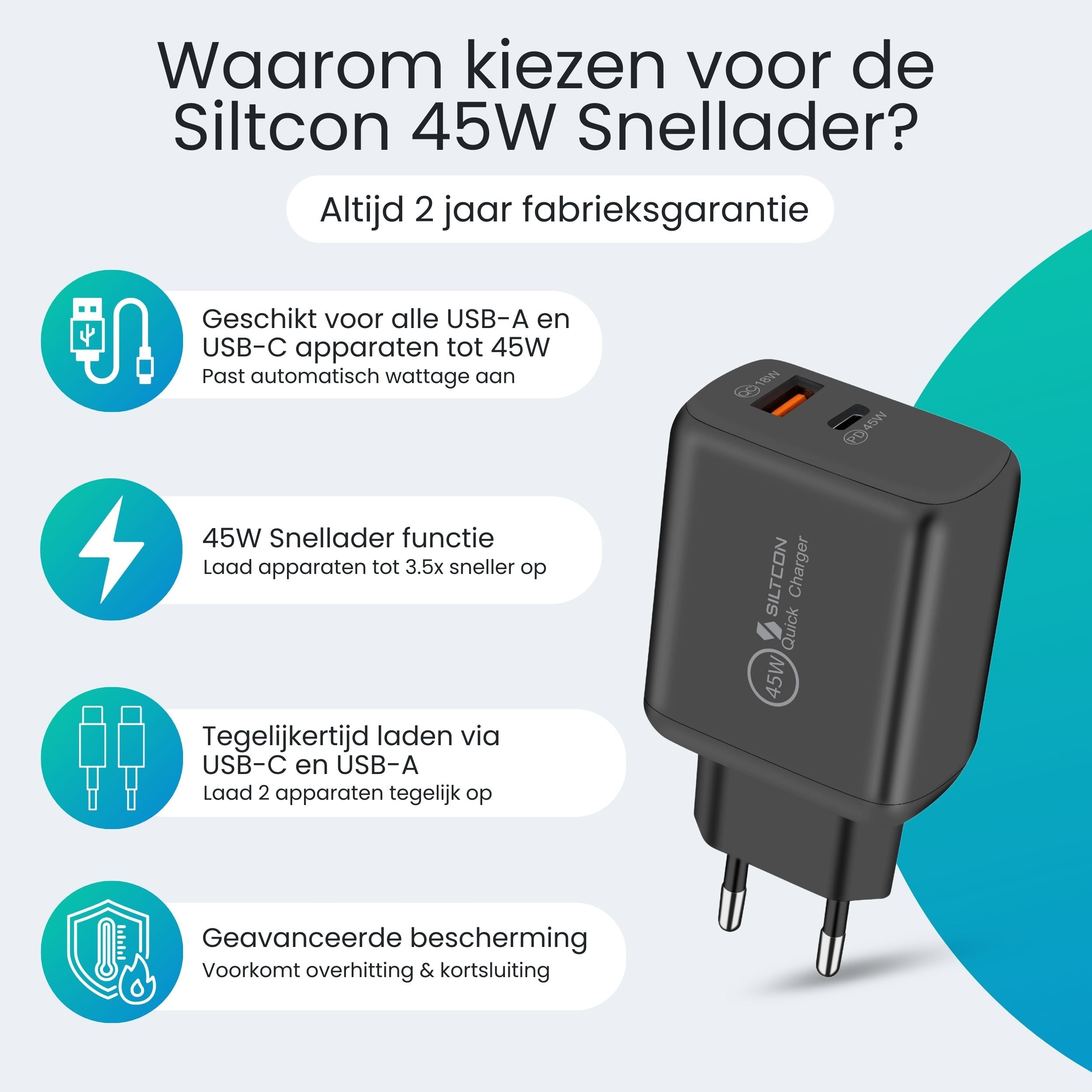 Siltcon 45W USB-C Snellader – Supersnel & Universeel Opladen - Siltcon