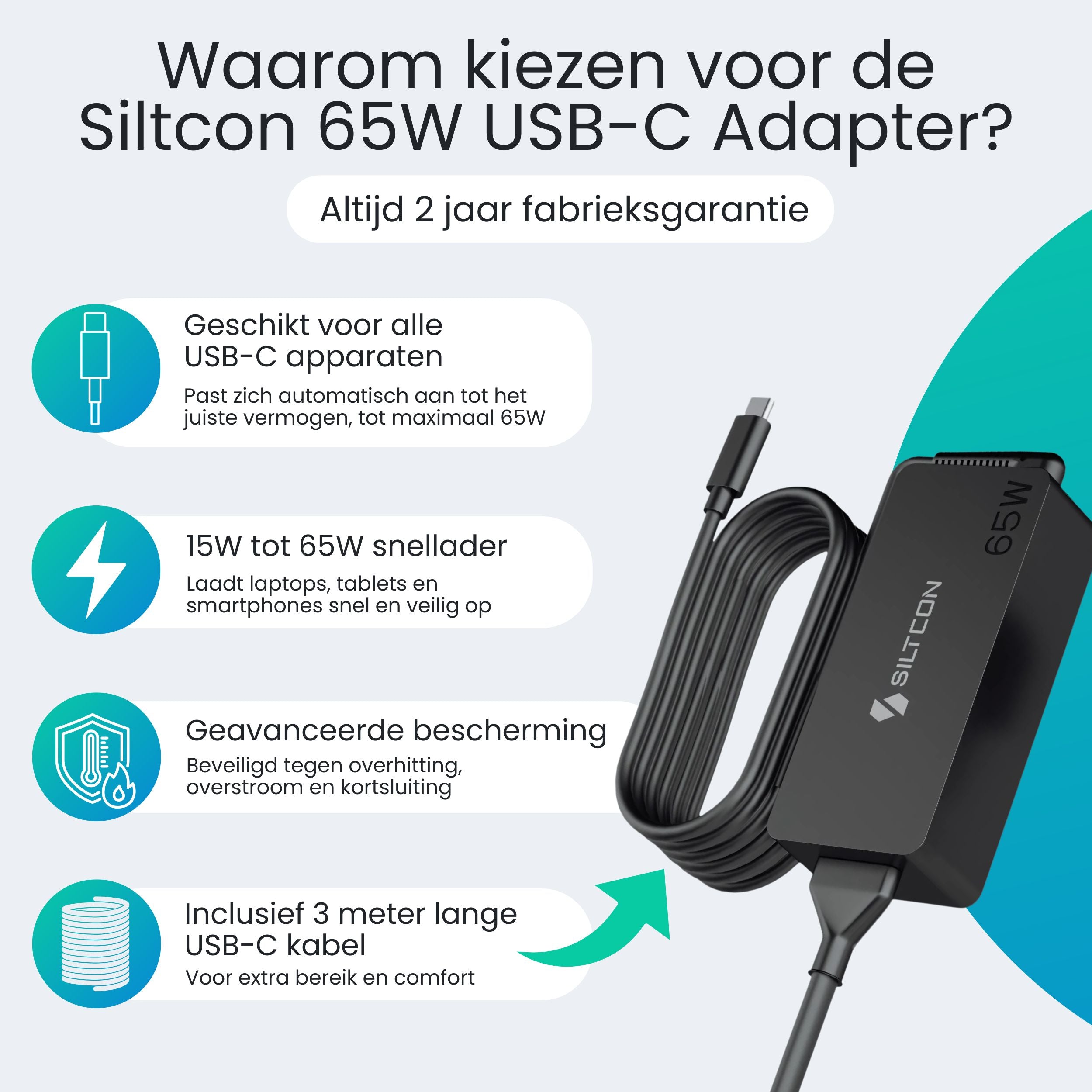 Siltcon 65W USB-C Adapter – Snelladen zonder gewicht – Universeel voor al je apparaten - Siltcon