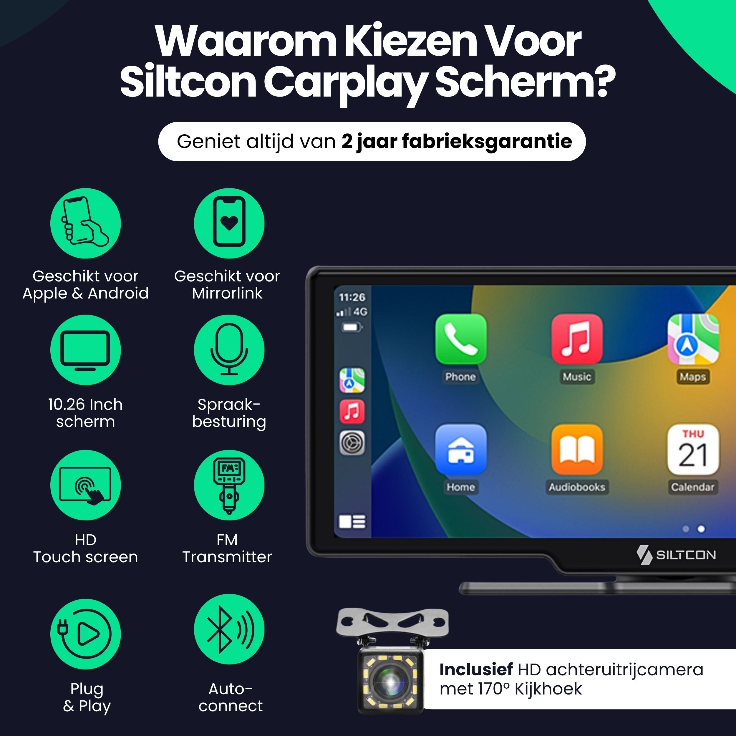 Siltcon 10.26” CarPlay Scherm – Draadloos voor iOS & Android - Siltcon
