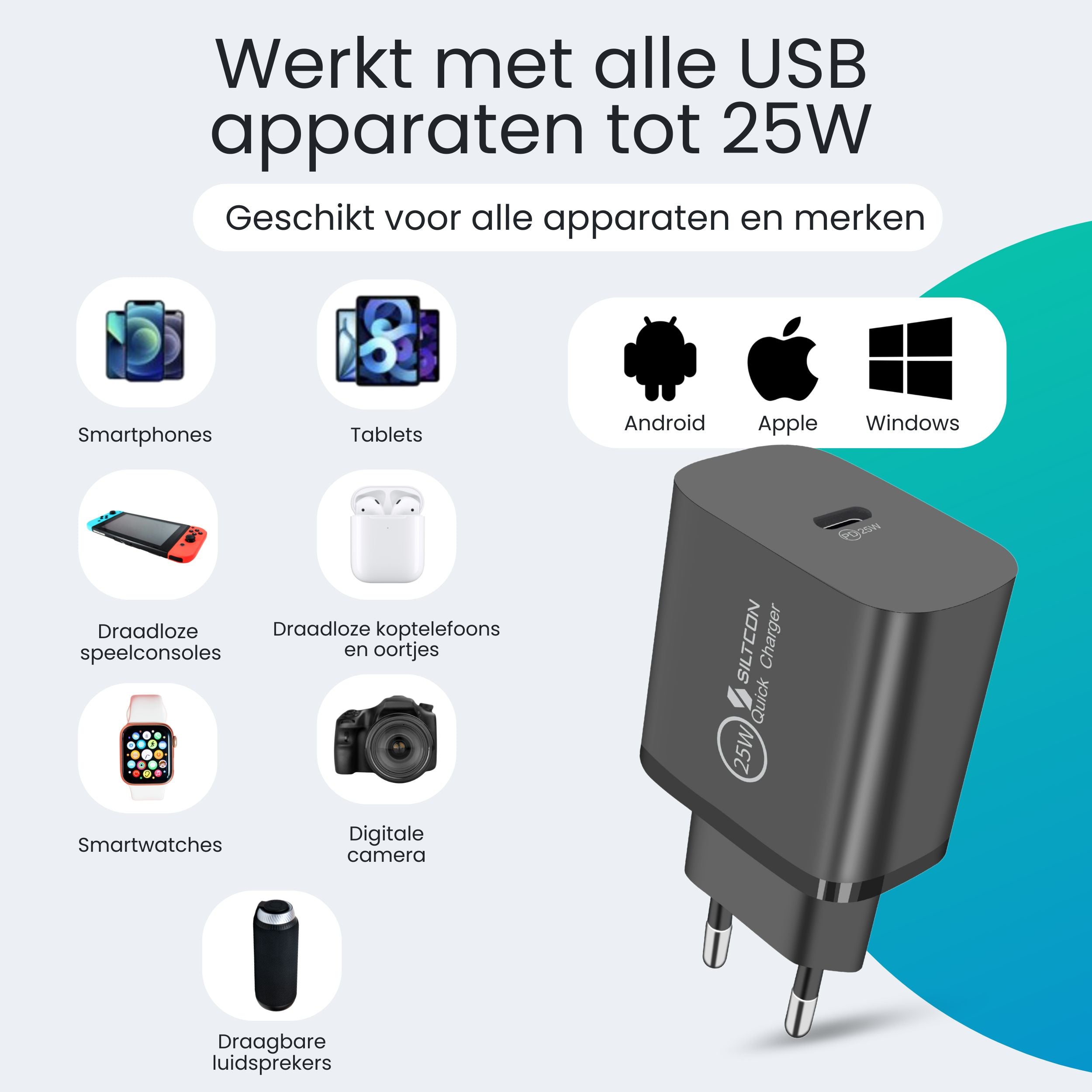 Siltcon 25W USB-C Snellader – Compact & Supersnel Opladen - Siltcon