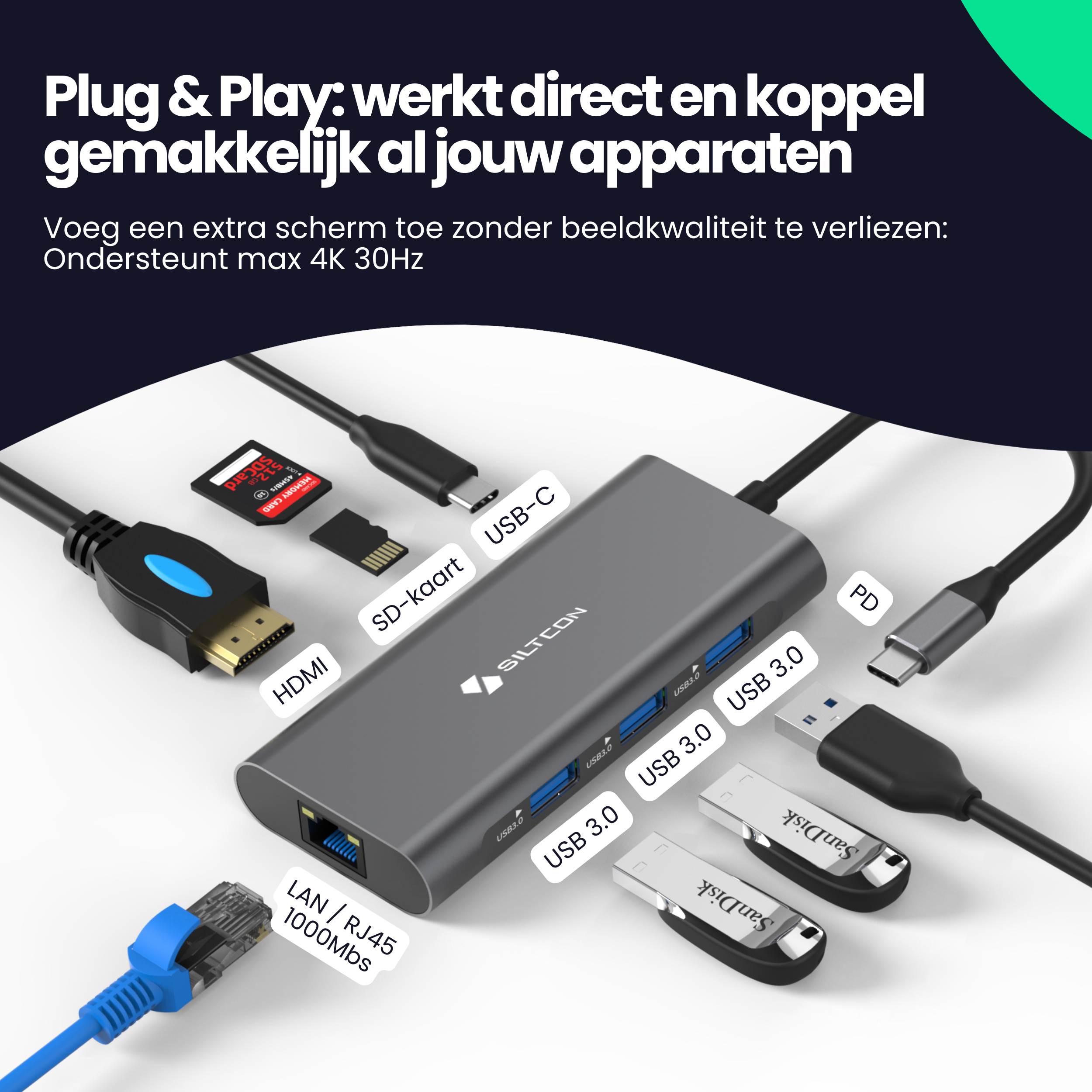 Siltcon 8-in-1 USB C Hub – USB C naar HDMI Hub - Siltcon