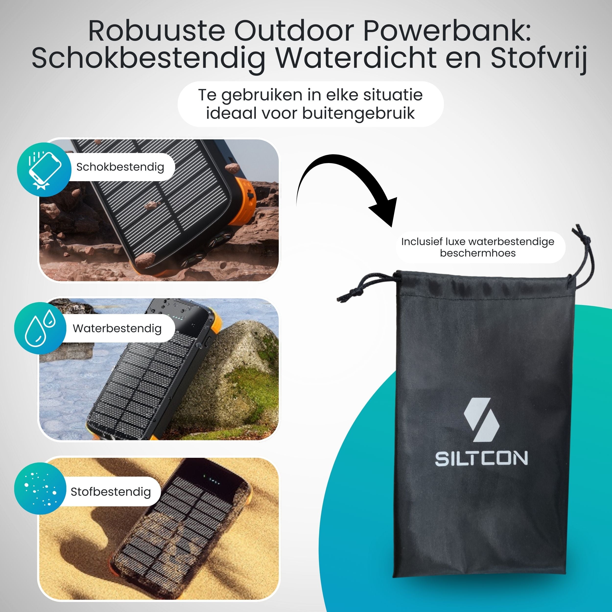 Siltcon Draadloze Powerbank 30.000 mAh  – 4 Zonnepanelen - Siltcon