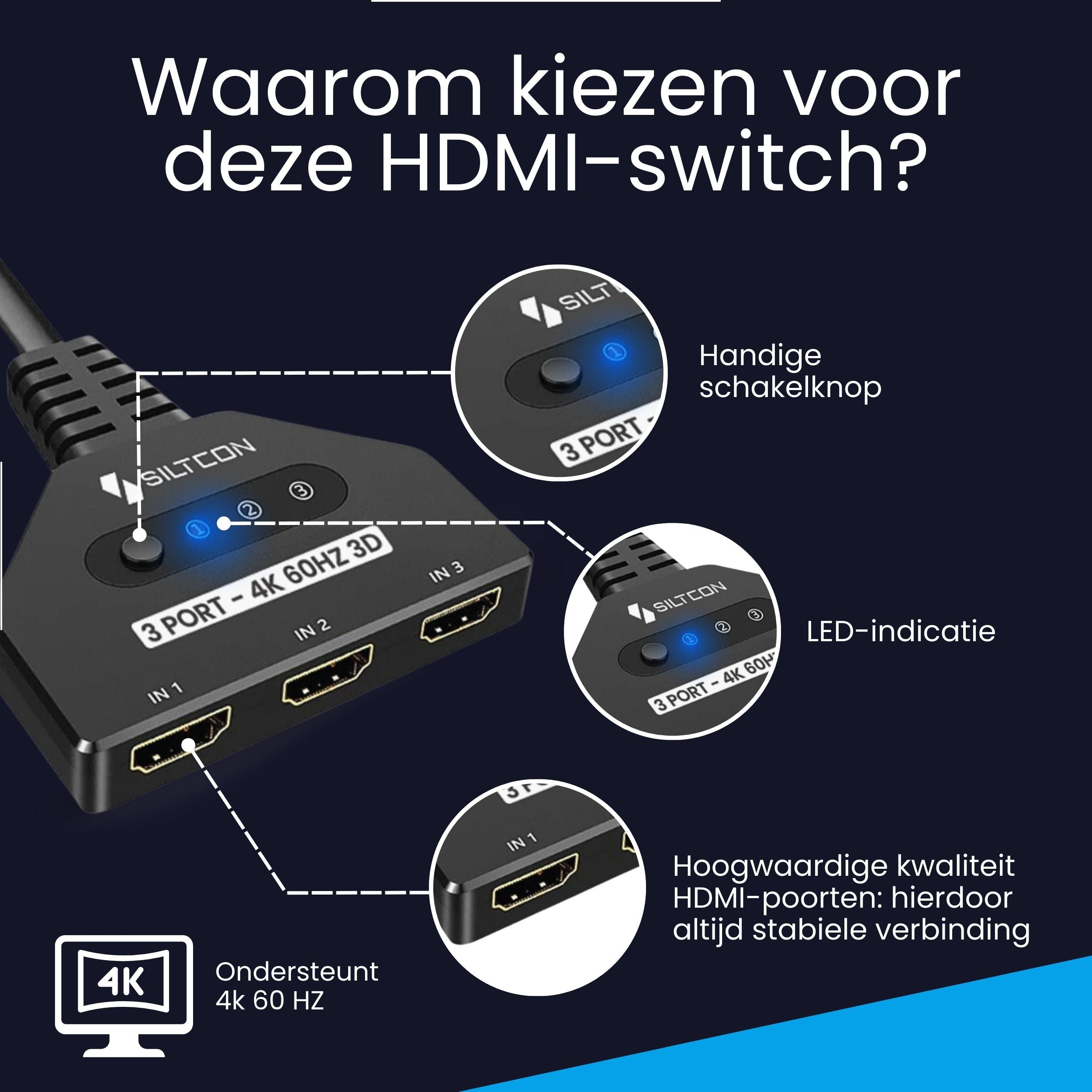 Siltcon HDMI Switch 3 in 1 – 4K - Siltcon