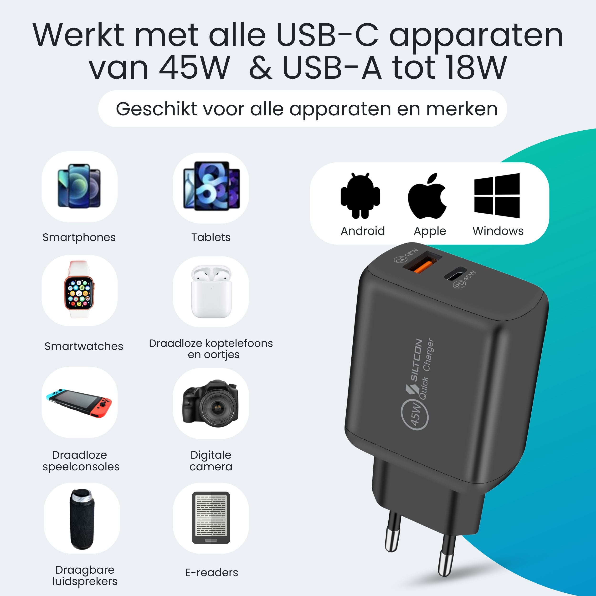 Siltcon 45W USB-C Snellader – Supersnel & Universeel Opladen - Siltcon