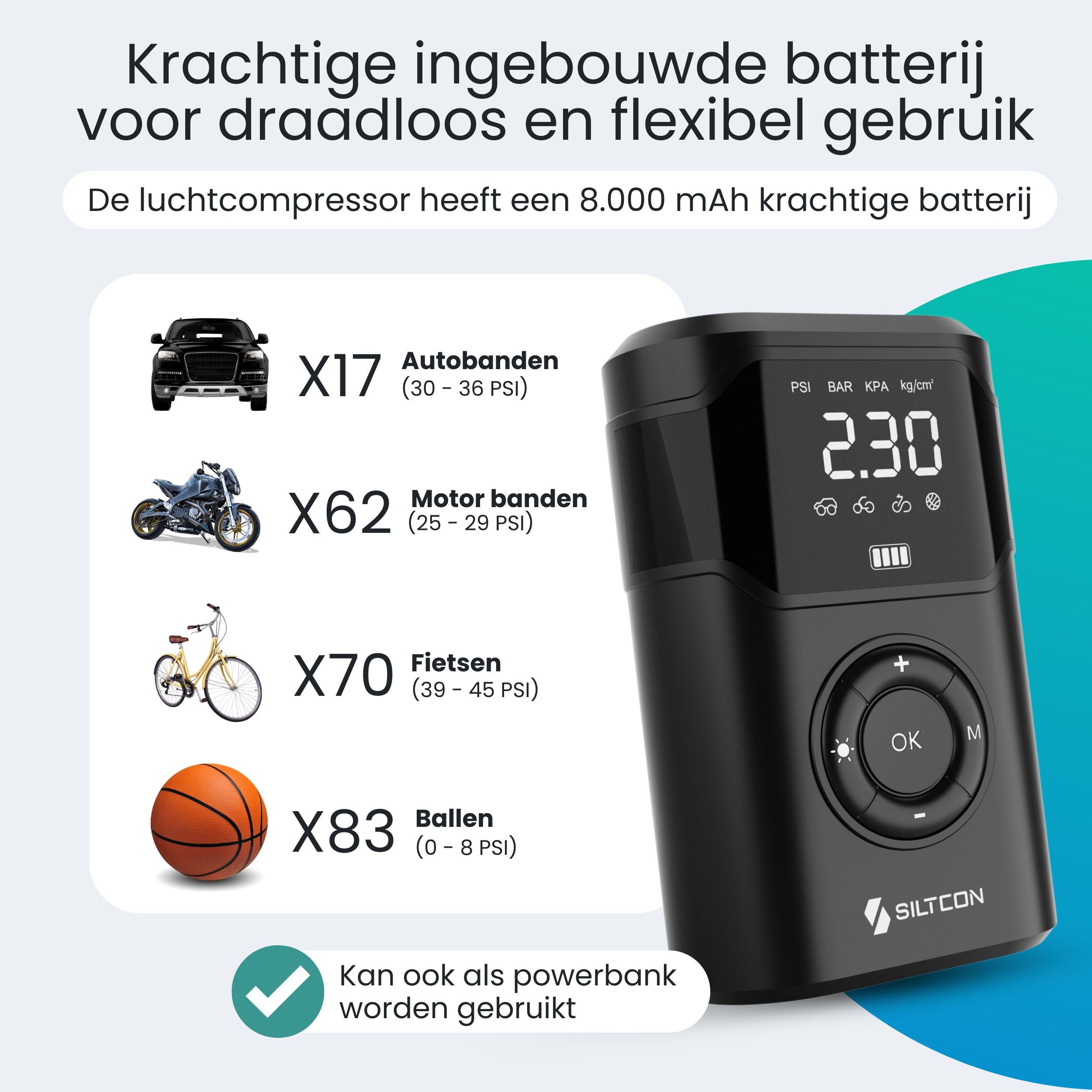 Siltcon Luchtcompressor – 30L/min – 10.5 bar automatische bandenpomp - Siltcon