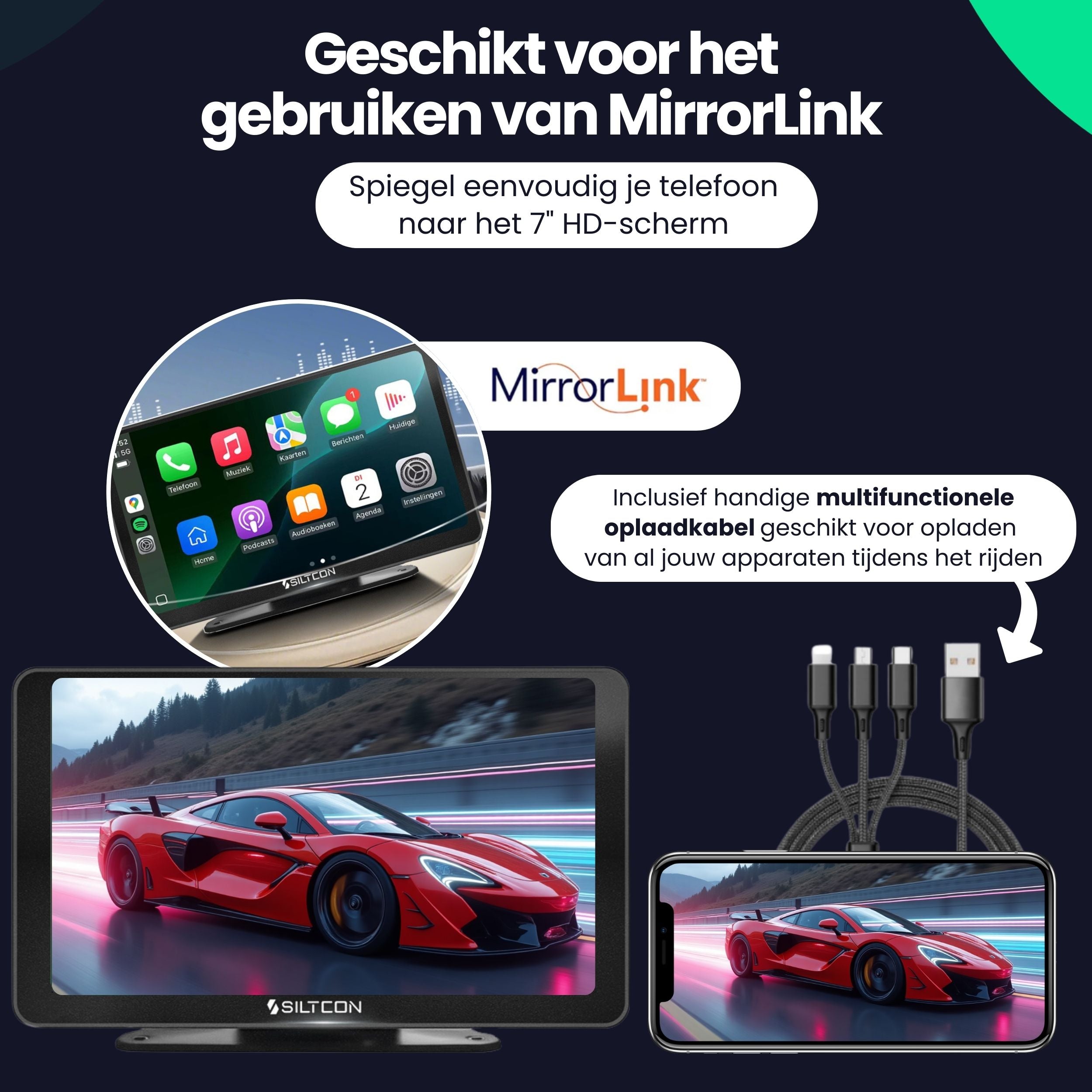 Siltcon CarPlay Scherm 7 Inch – Geschikt voor Apple & Android – Draadloos gebruik - Siltcon
