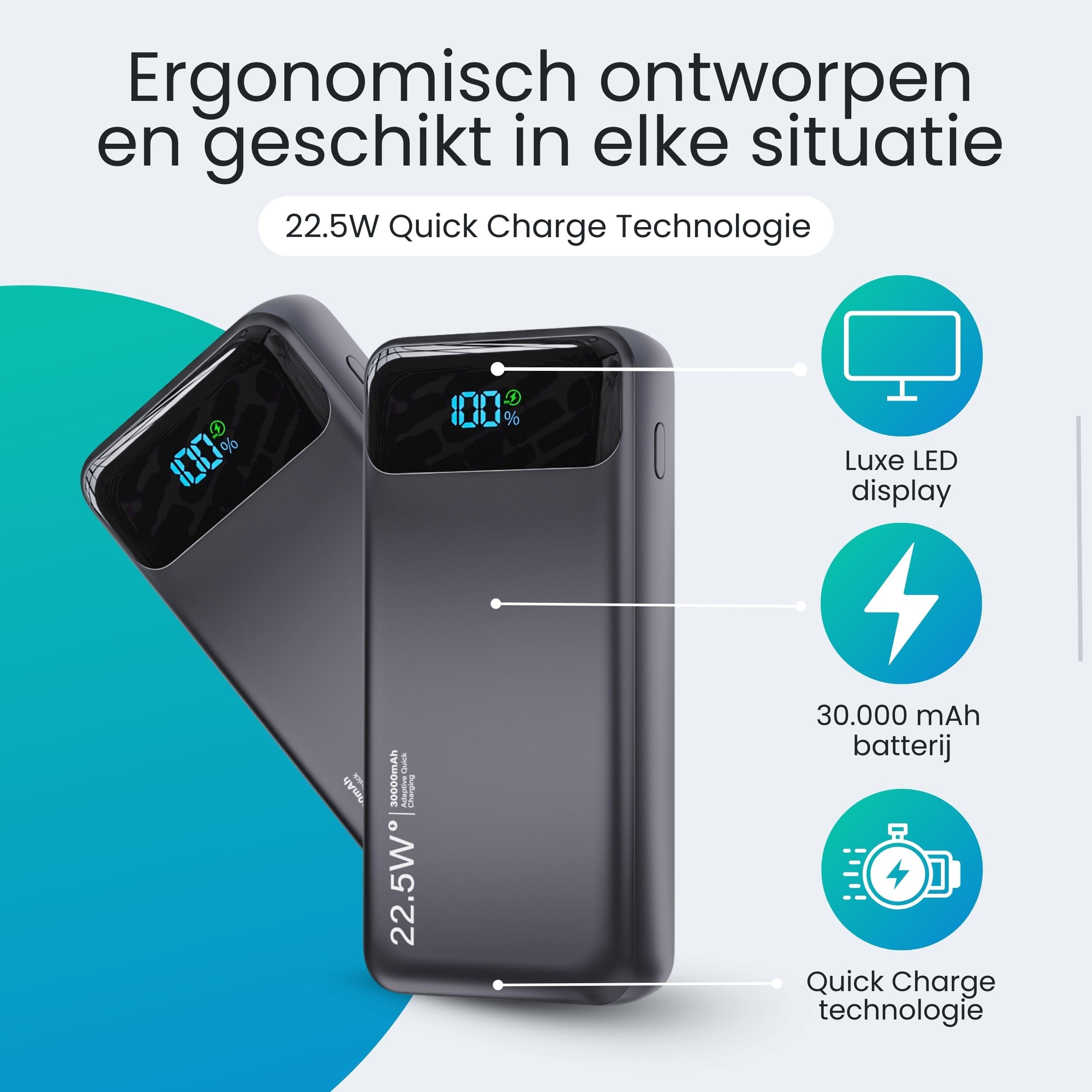 Siltcon Powerbank 30000 mAh – Snelladen & Ingebouwde Kabels - Siltcon