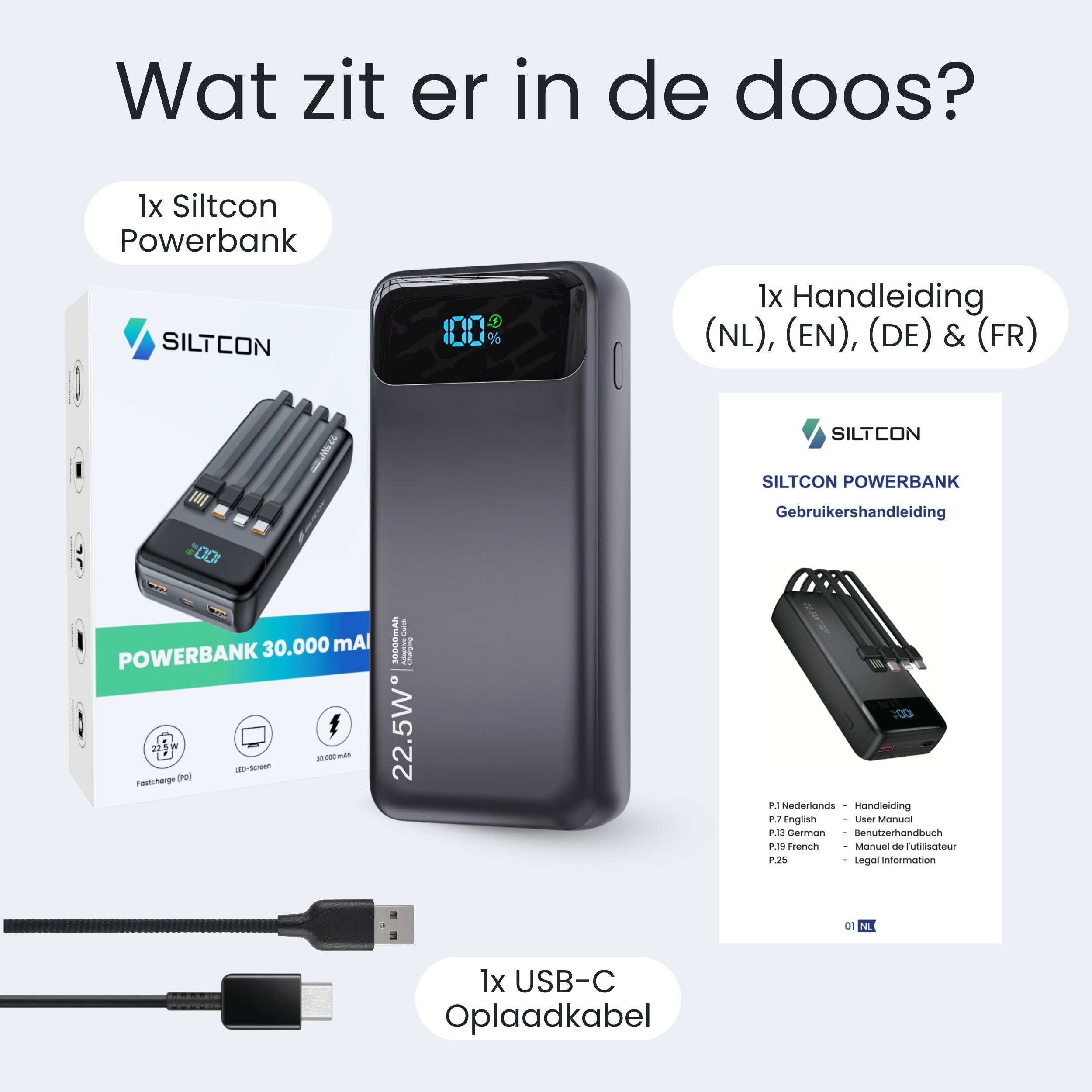Siltcon Powerbank 30000 mAh – Snelladen & Ingebouwde Kabels - Siltcon