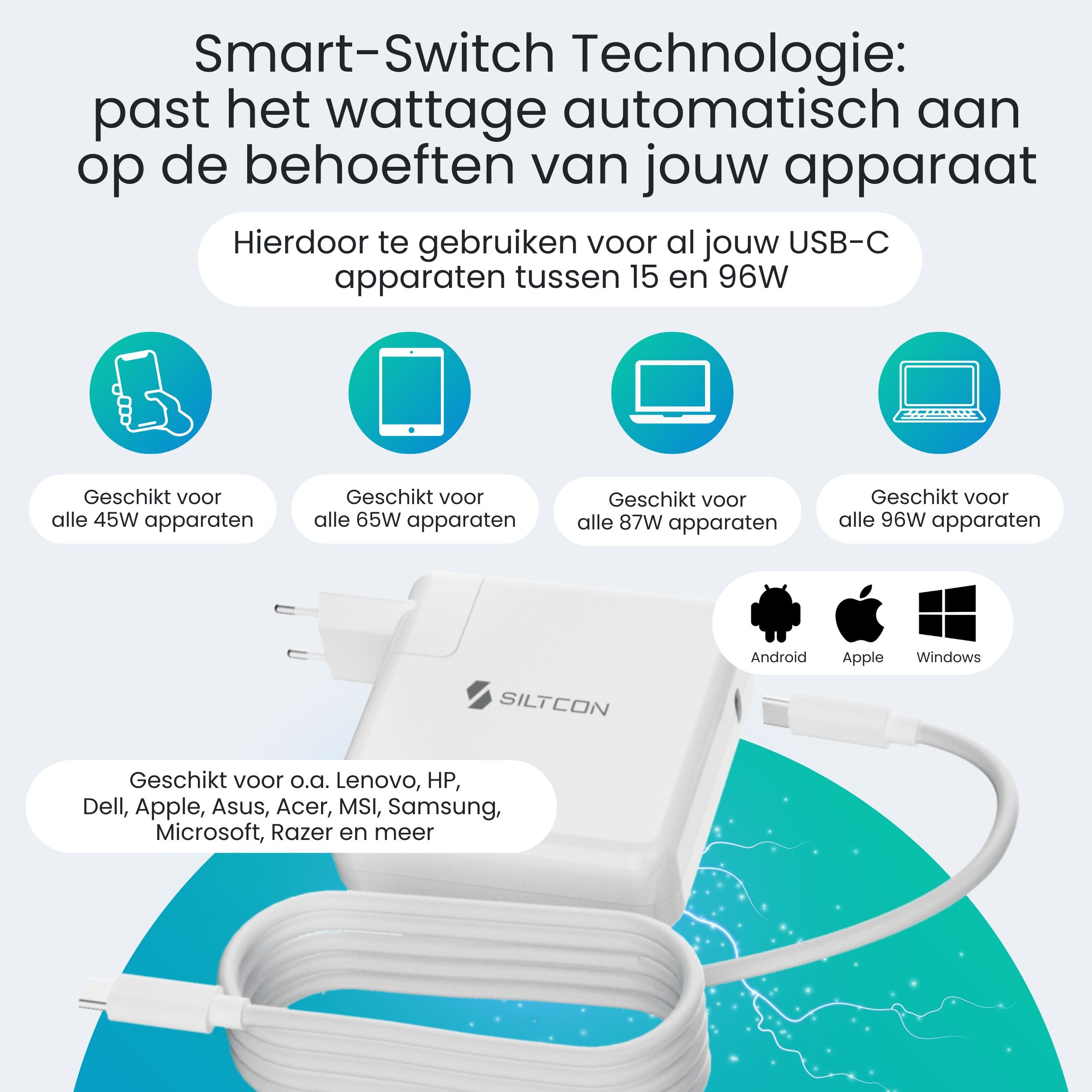 Siltcon USB-C Adapter 96W – Snellader MacBook, iPhone & Laptop - Siltcon