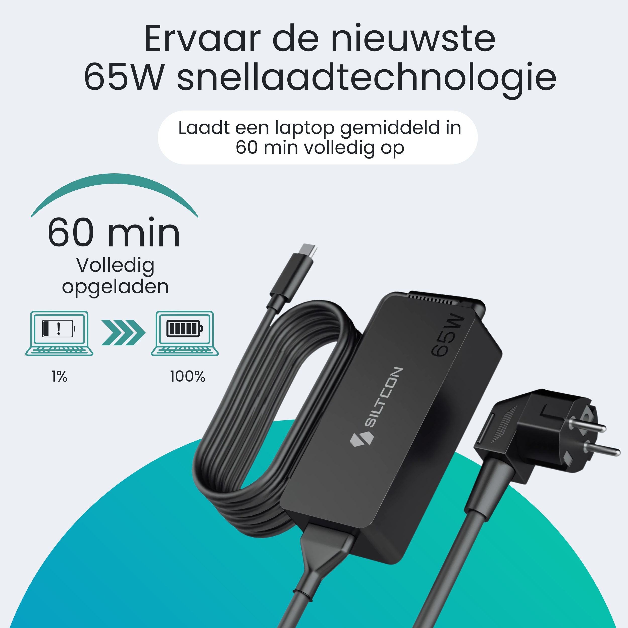 Siltcon 65W USB-C Adapter – Snelladen zonder gewicht – Universeel voor al je apparaten - Siltcon