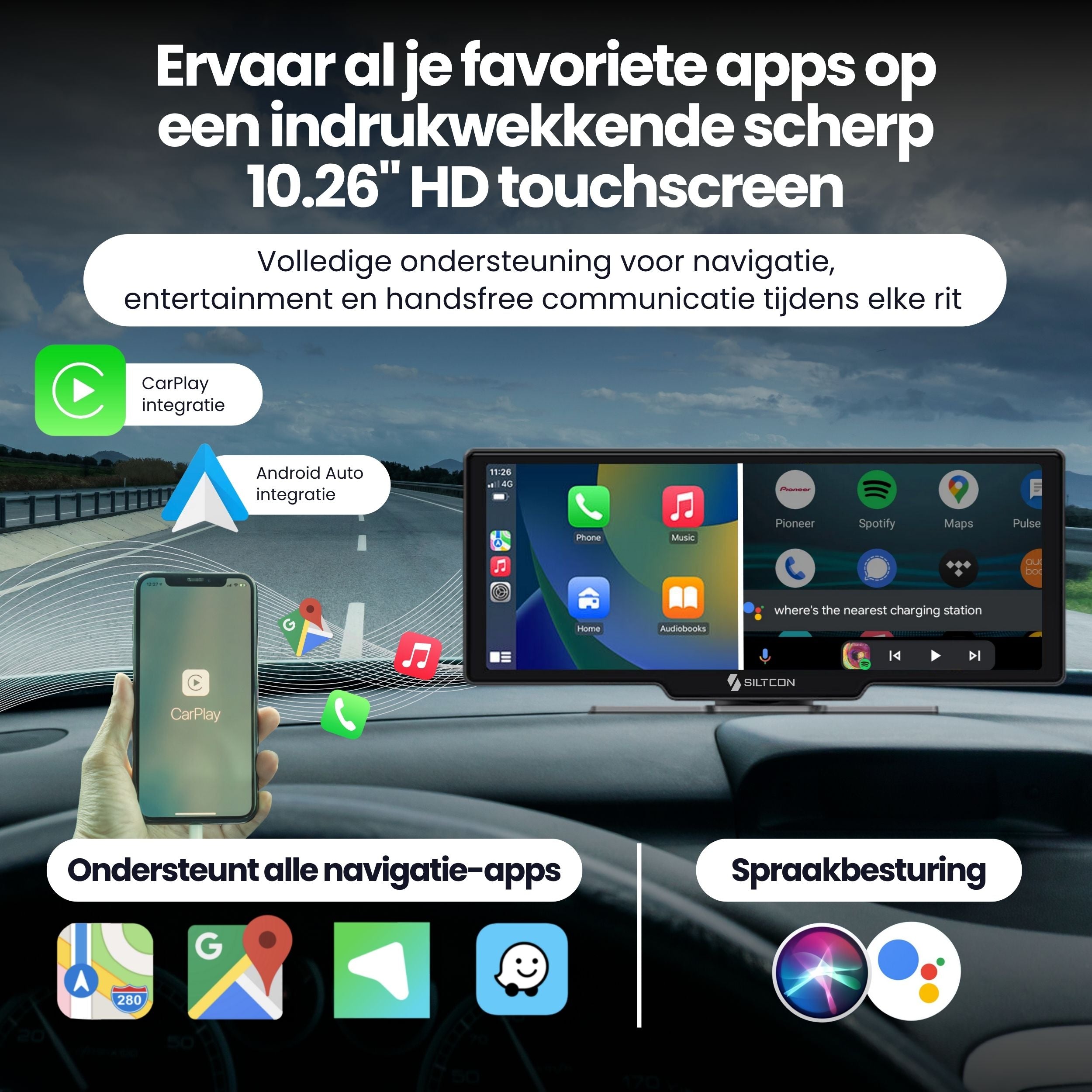 Siltcon 10.26” CarPlay Scherm – Draadloos voor iOS & Android - Siltcon