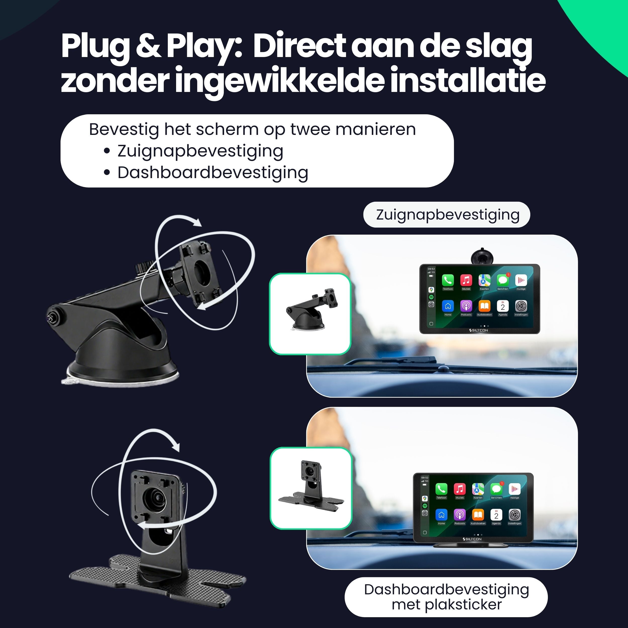 Siltcon CarPlay Scherm 7 Inch – Geschikt voor Apple & Android – Draadloos gebruik - Siltcon