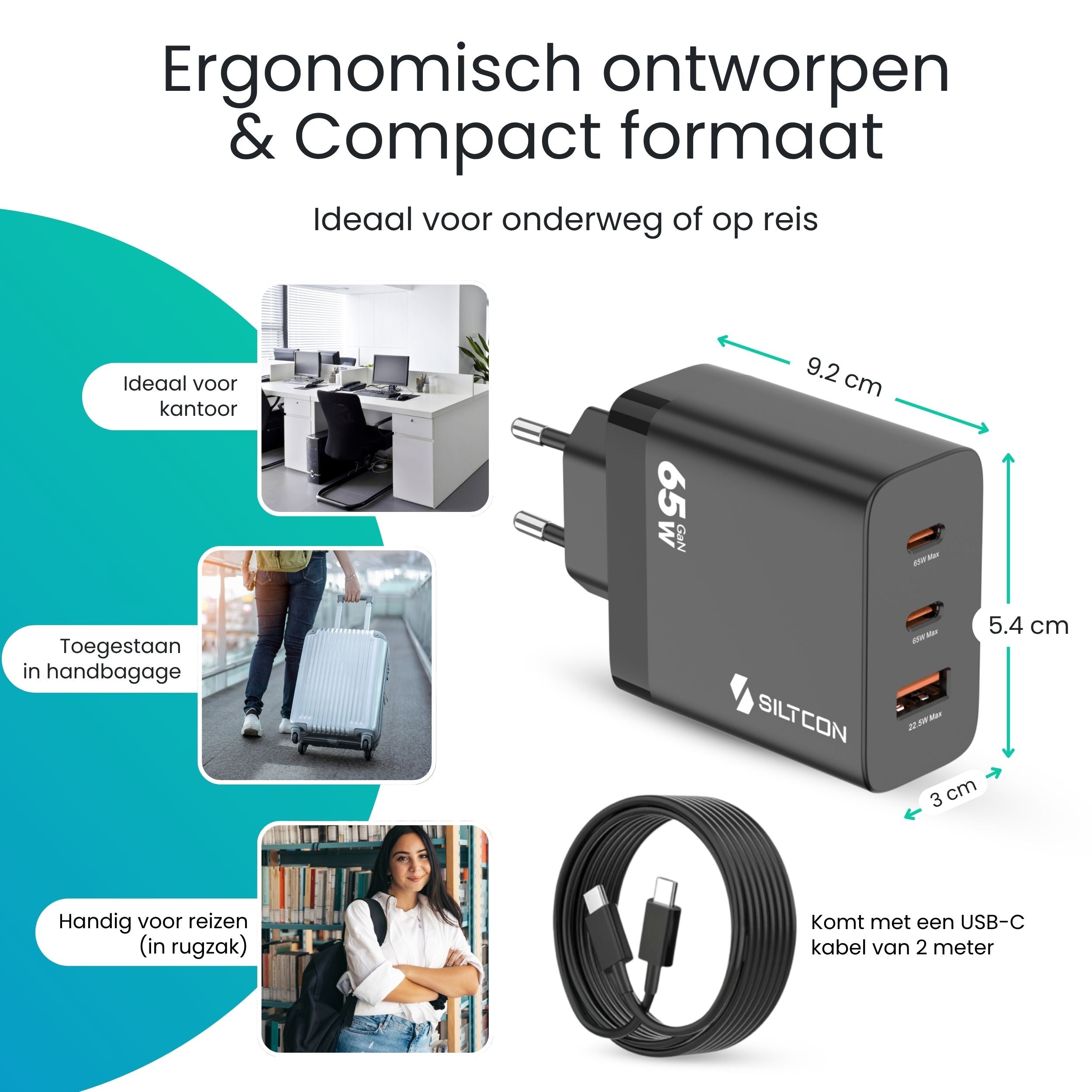 Siltcon 65W USB-C Adapter – Snellader voor Laptop & iPhone - Siltcon