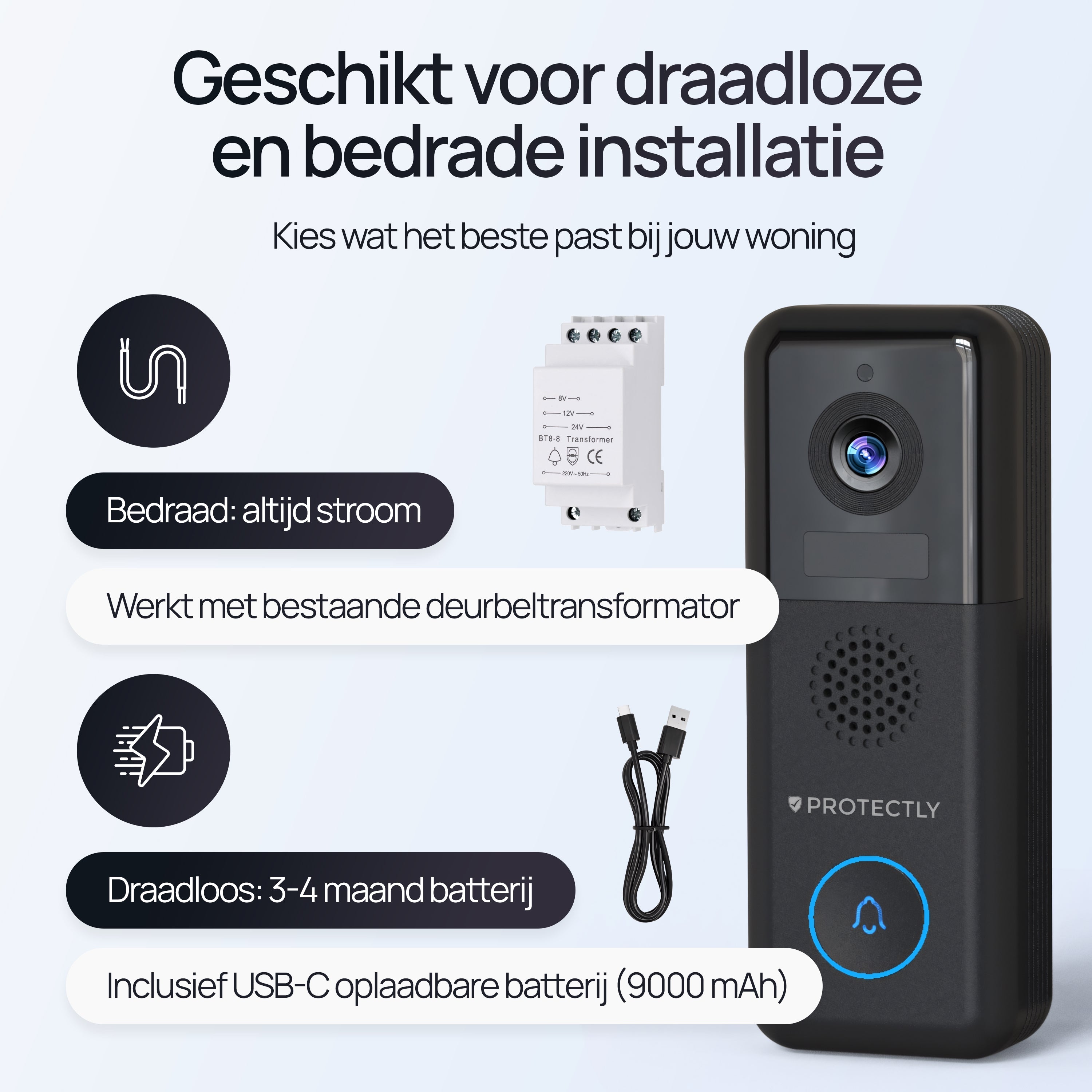 Protectly® Video-Türklingel Kabellos & Verkabelt 2K