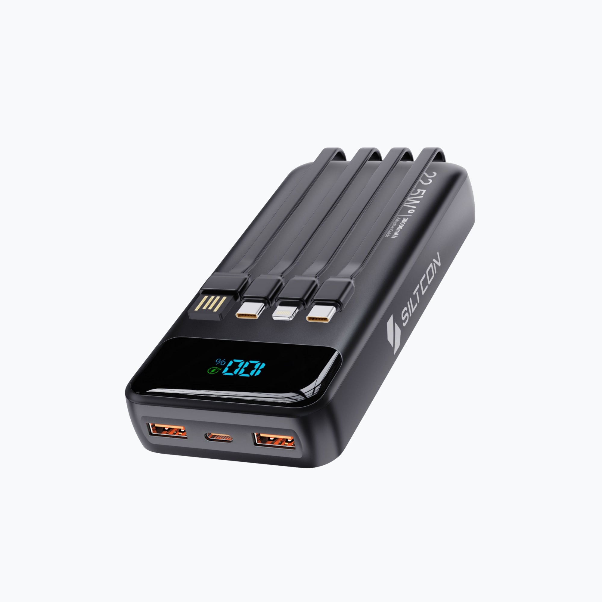Siltcon Powerbank 30000 mAh – Snelladen & Ingebouwde Kabels - Siltcon