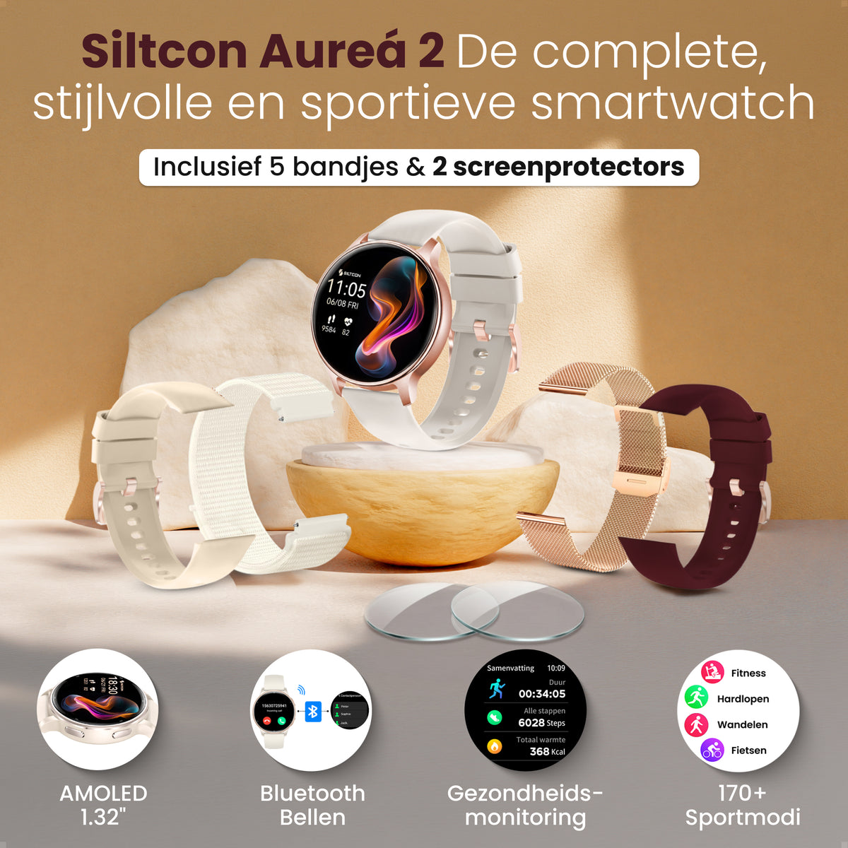 Siltcon® Auréa 2 Smartwatch dames - Mat Goud