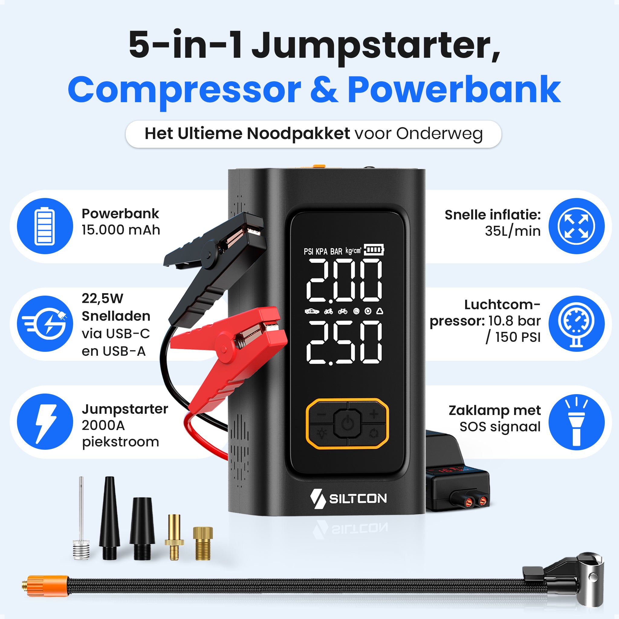 Siltcon® 12V 5-in-1 Jumpstarter voor Auto met Compressor