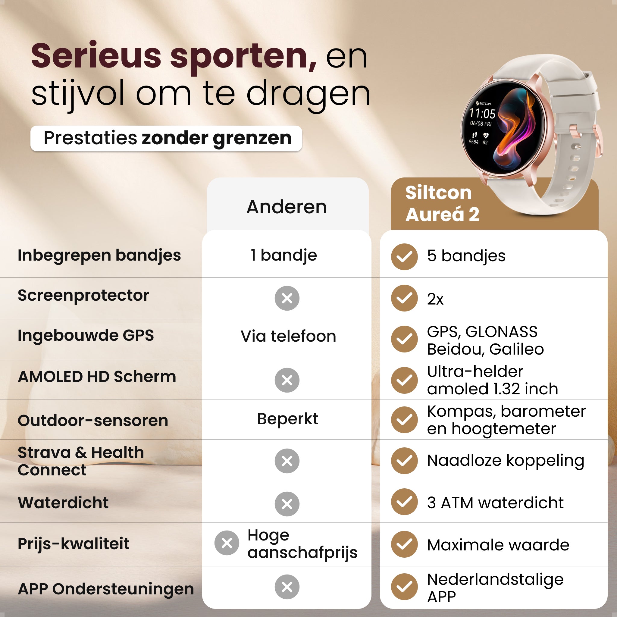 Siltcon® Auréa 2 Smartwatch dames - Mat Goud