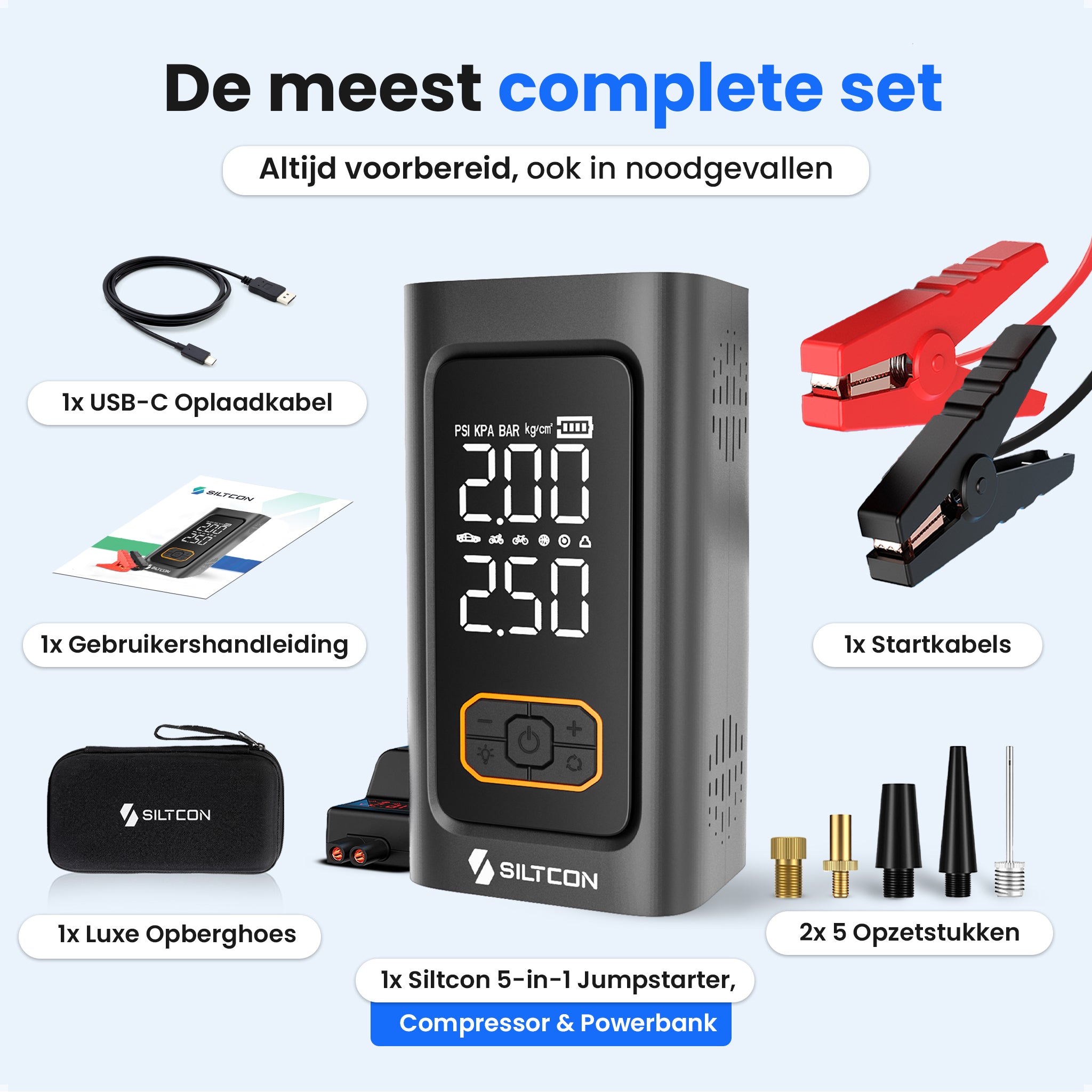 Siltcon® 12V 5-in-1 Jumpstarter voor Auto met Compressor