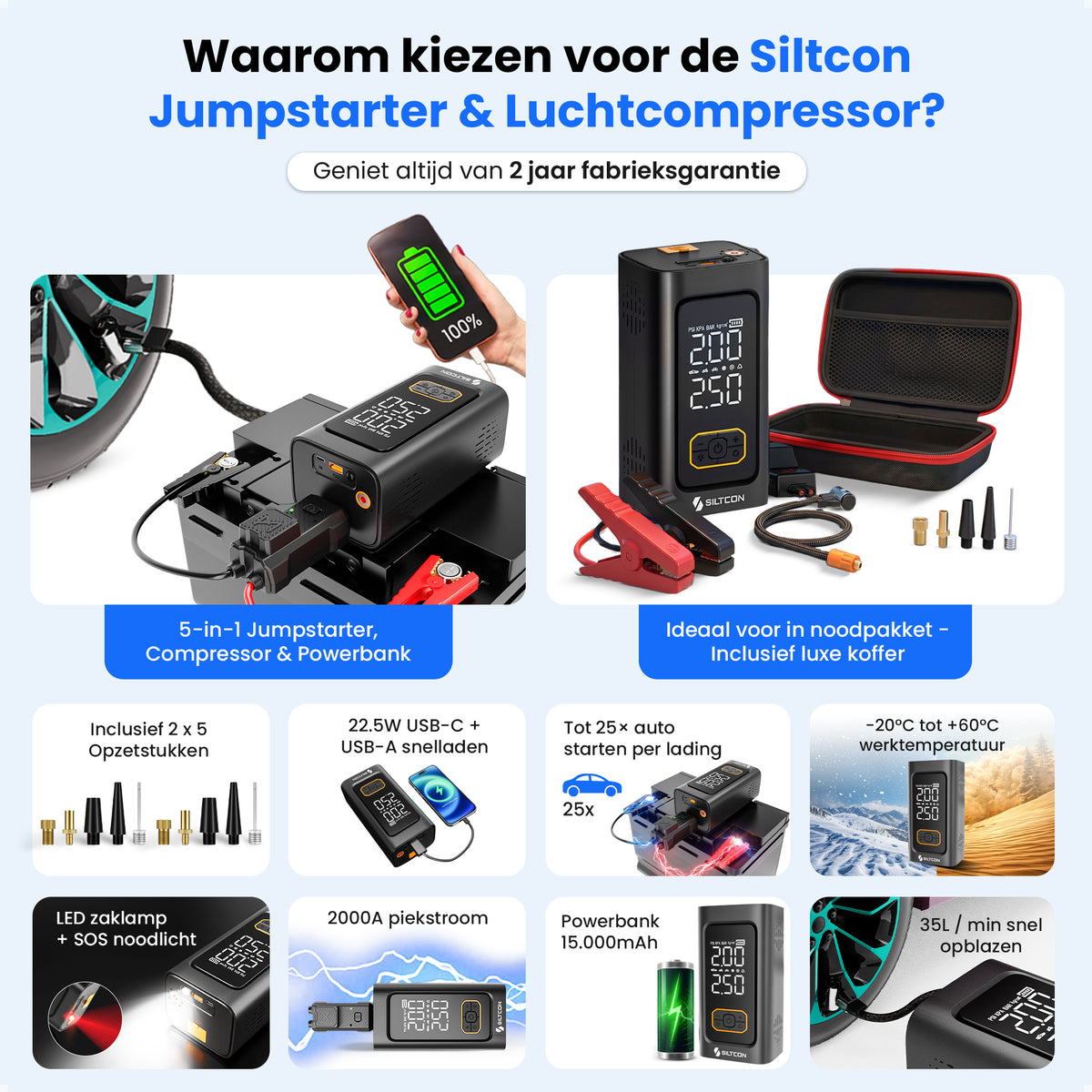 Siltcon® 12V 5-in-1 Jumpstarter voor Auto met Compressor