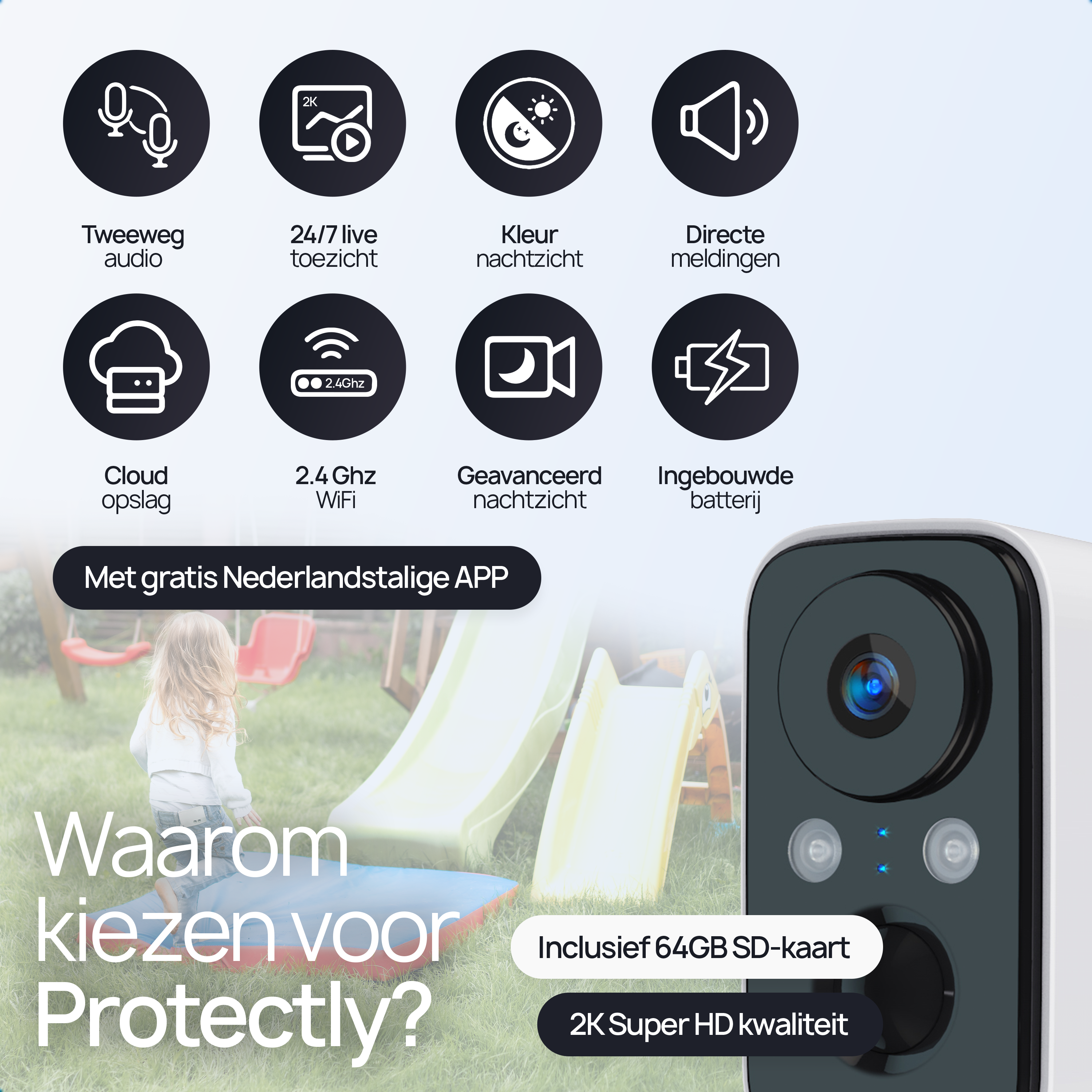 Protectly Beveiligingscamera Draadloos – 2K - Siltcon