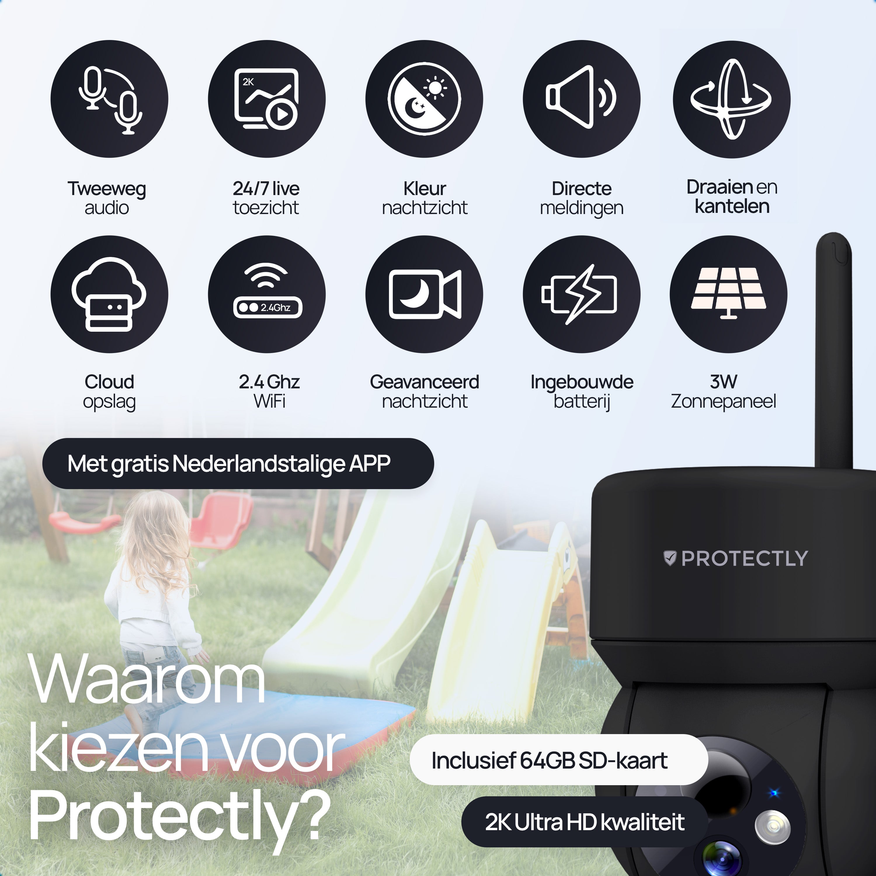 Protectly – Draadloze Beveiligingscamera Zwart – 2K Nachtzicht & Appbediening - Siltcon