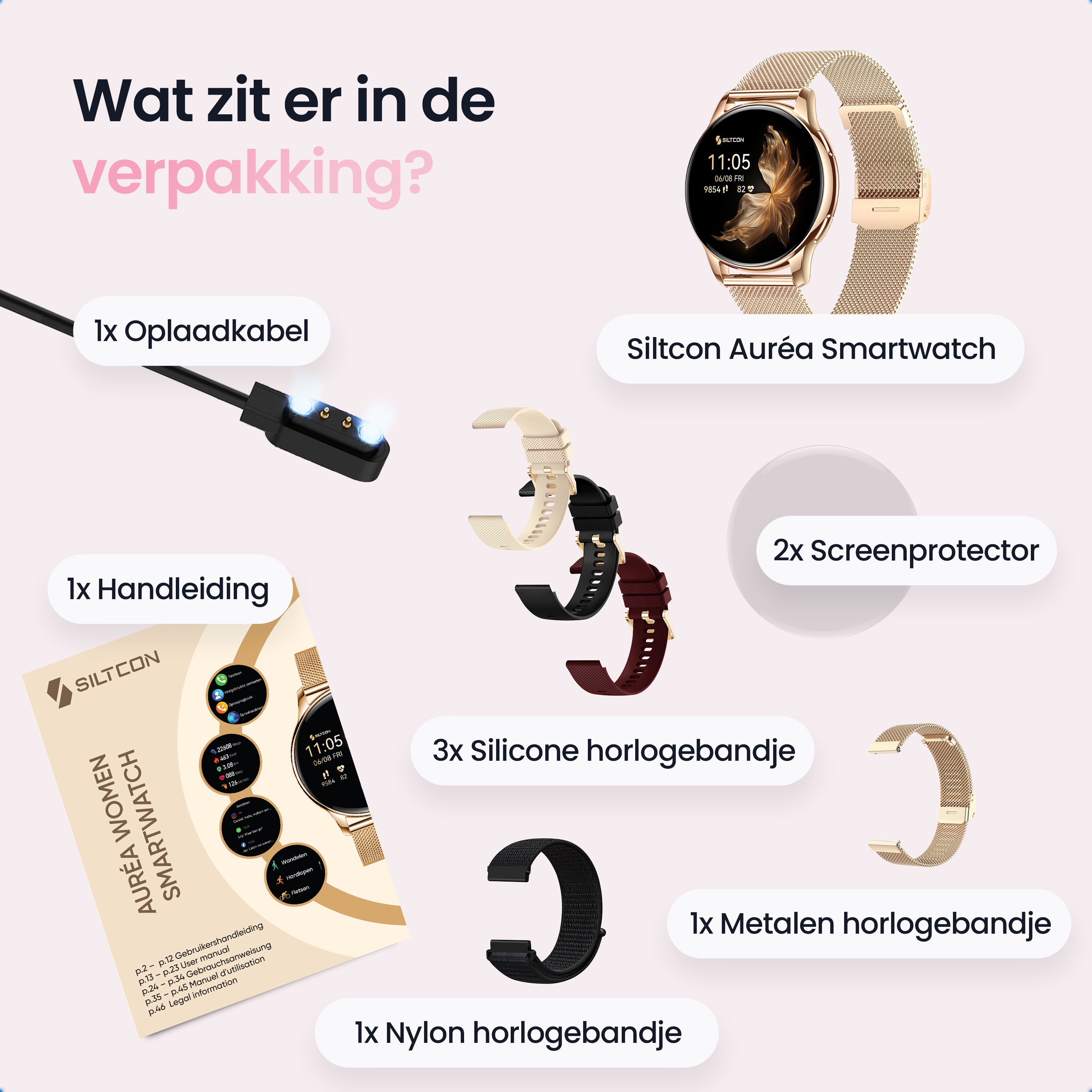 Siltcon Auréa Smartwatch Dames – Incl. 5 bandjes - Siltcon