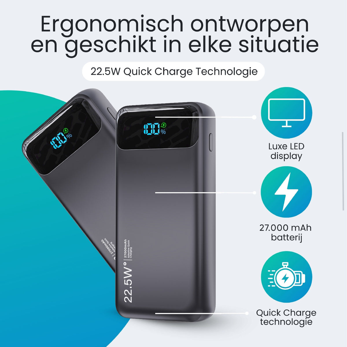 Siltcon® Powerbank 27000 mAh - ingebouwde kabels