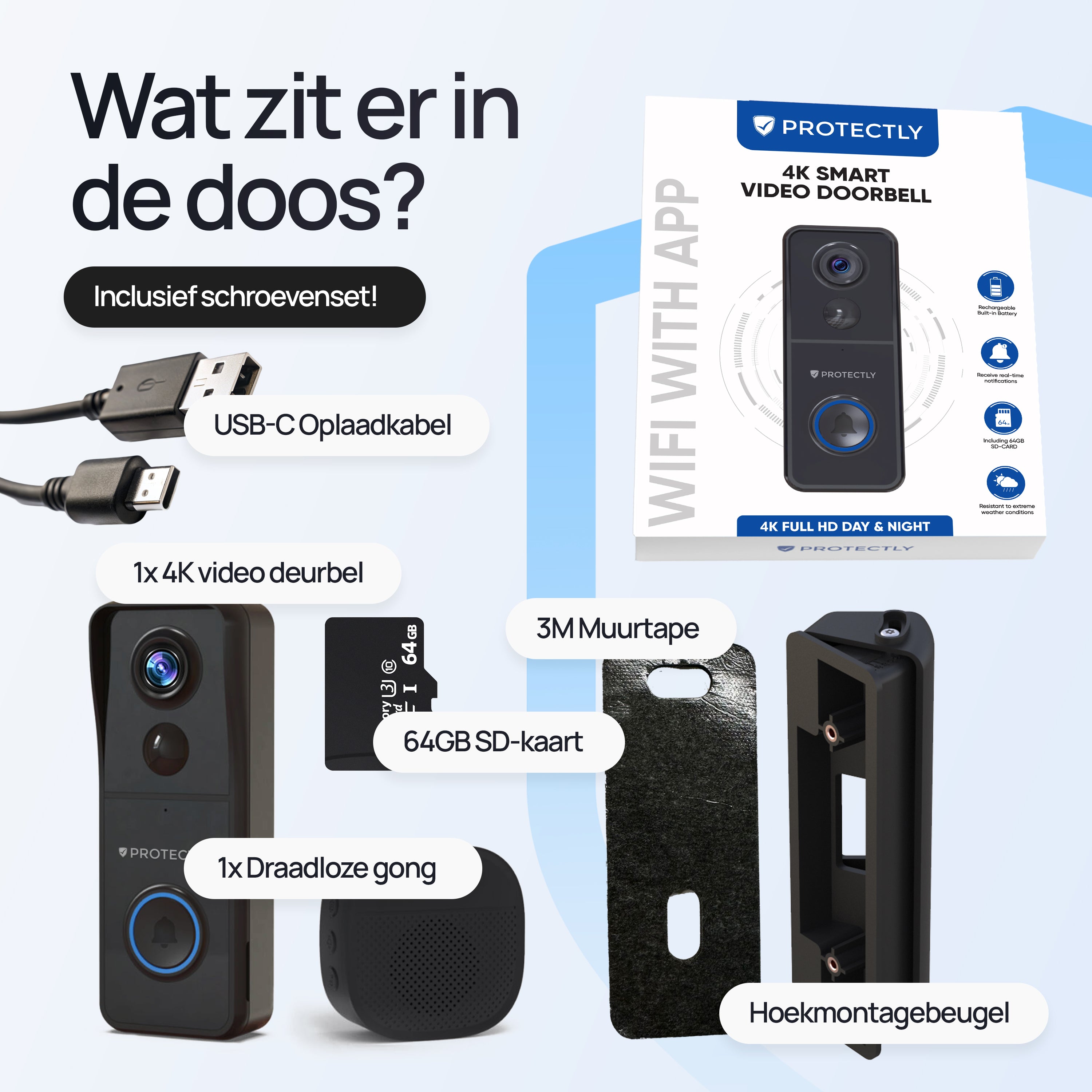 Protectly® Slimme Draadloze Video Deurbel 4K Beeldkwaliteit - Siltcon